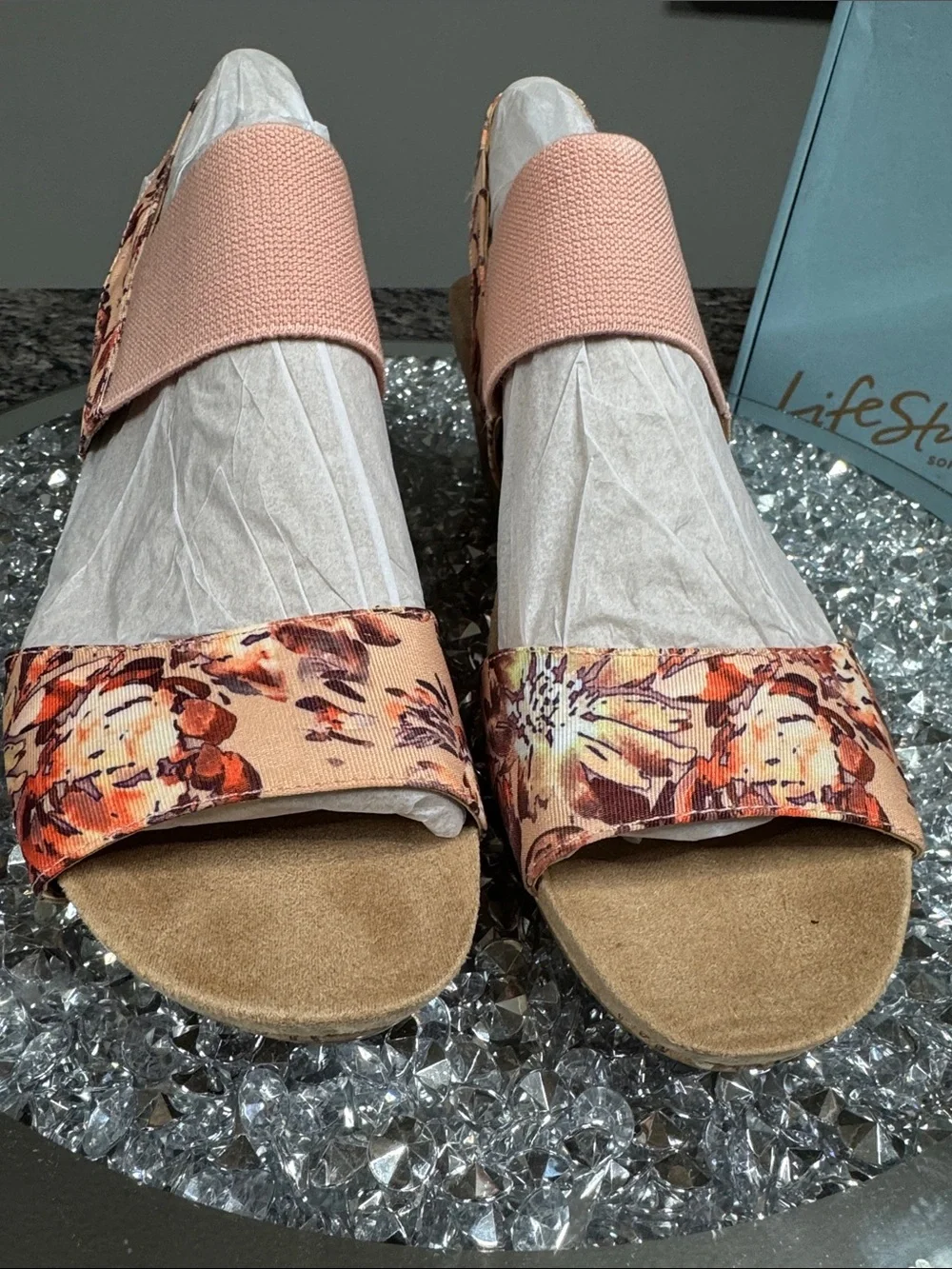 Life Stride Peach Floral Elastic Strap cork Wedge Sandals NEW 9